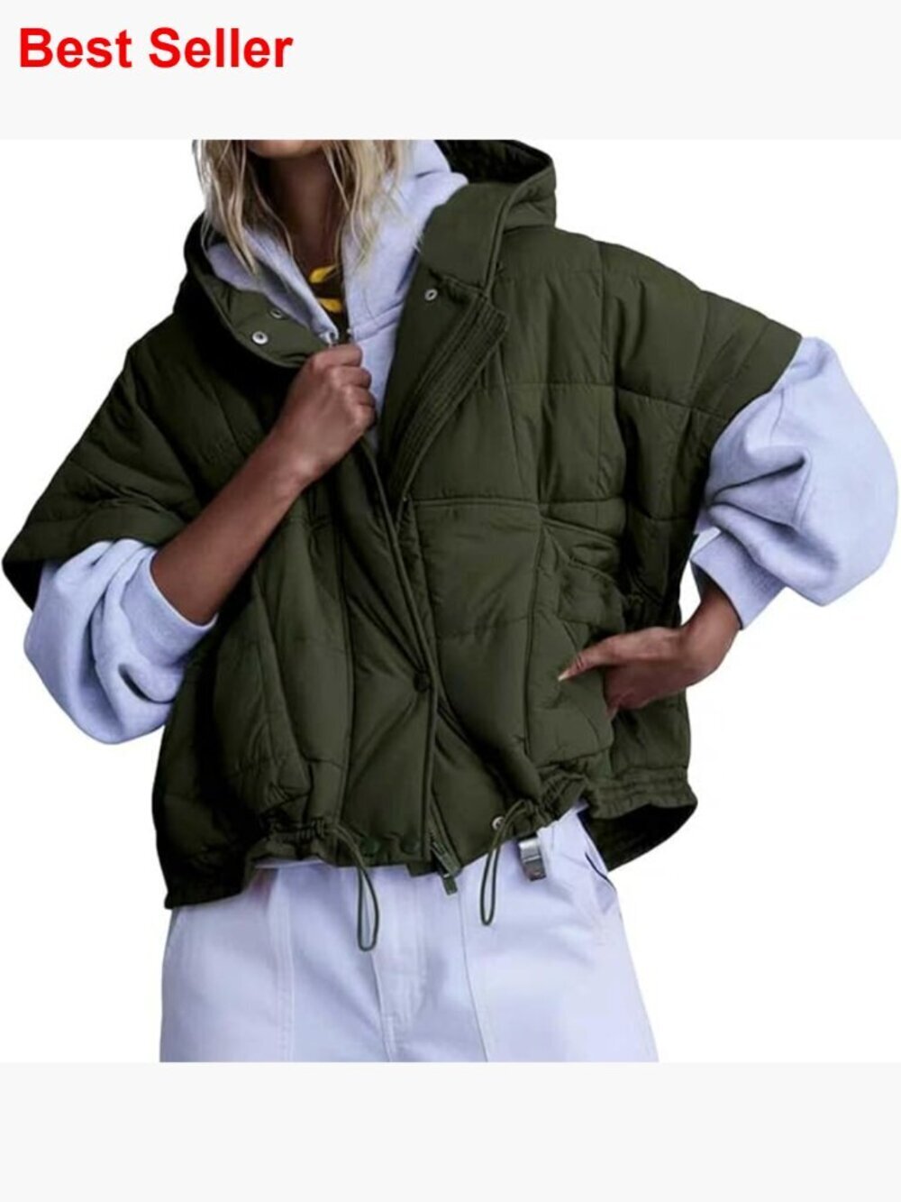 Quilted Puffer Vest with Hoodie Short Sleeves Oversized Jacket